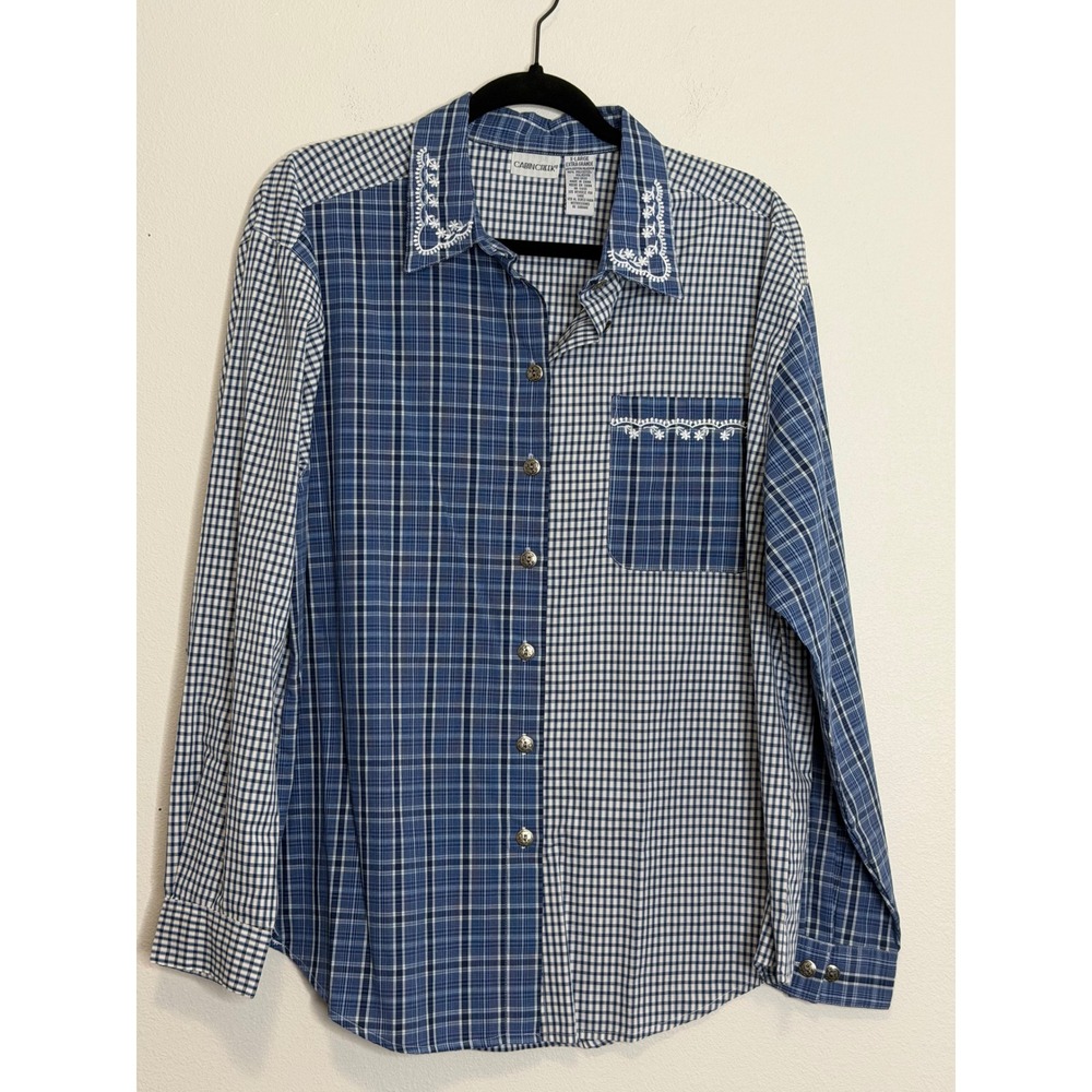 Cabin Creek Women's XL Blue Mixed Plaid Gingham Embroidered Button Down Shirt